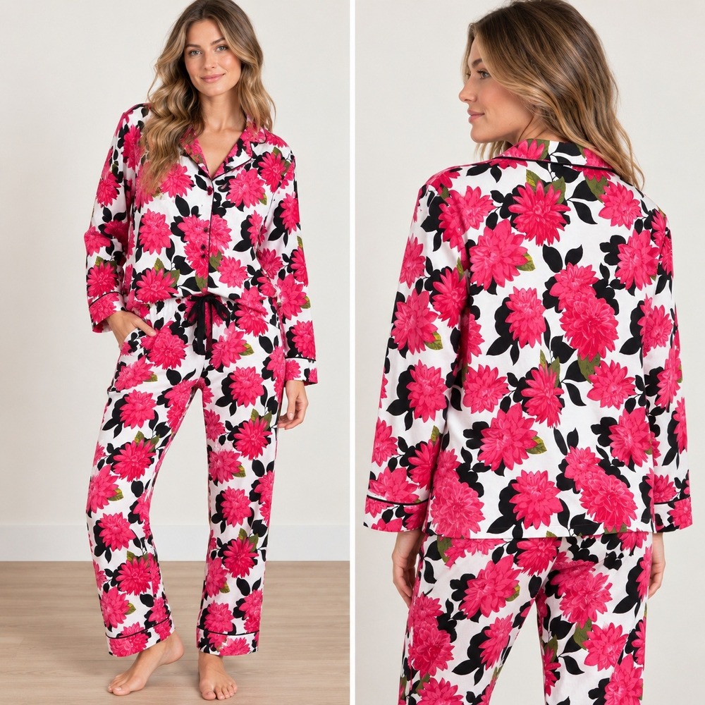 BedHead Pajamas Set Women M Pink Floral Organic Cotton Long Sleeve Button Up
